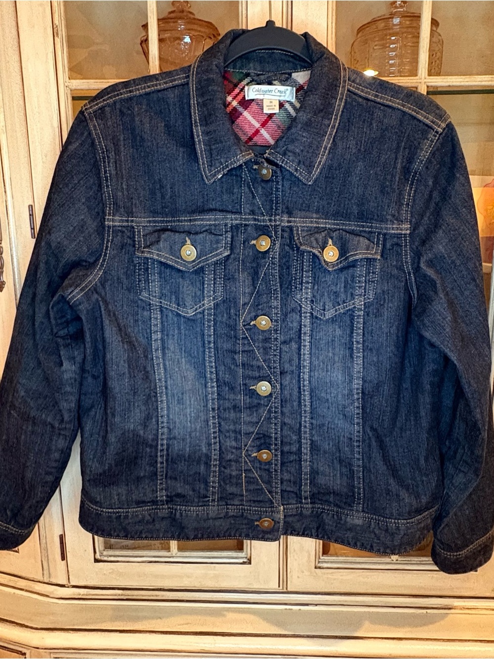 Coldwater Creek Dark Indigo Denim Jacket with Red Plaid Accents